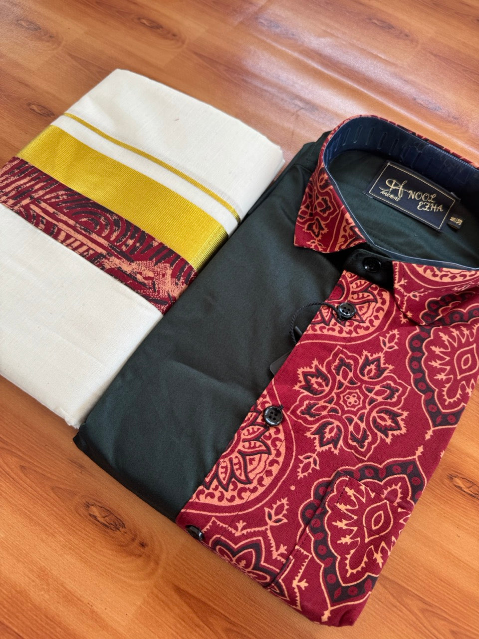 Combo Shirt Mund Mixed cotton - Full Sleeve - KaithariKada - Green & Ajrakh Printed Design - 1 KK7050 VIN