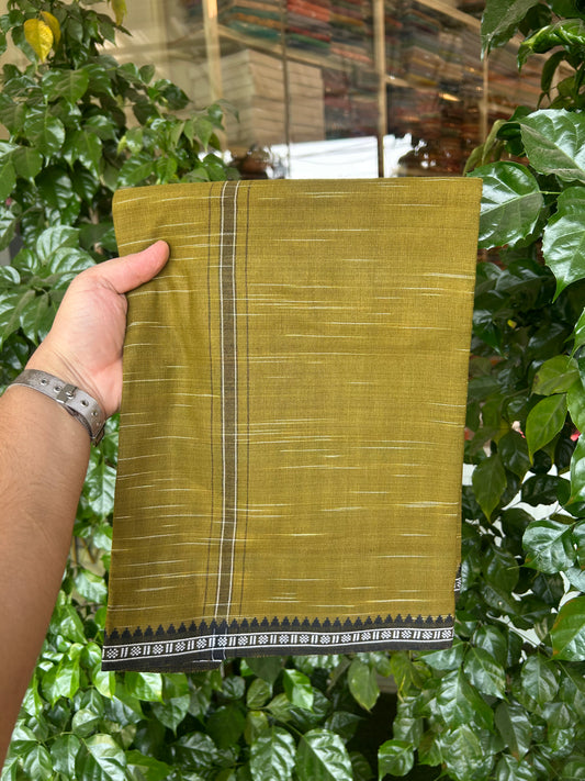 Premium Kathar Type Mund Pure cotton - Kaitharikada - Single Kaily / Lungi - 1 inch Black & White Stripes Kara kuppadam Border with Dark Mustard colour body (2 meter / 4 muzham) - 28 KK8050 MUT