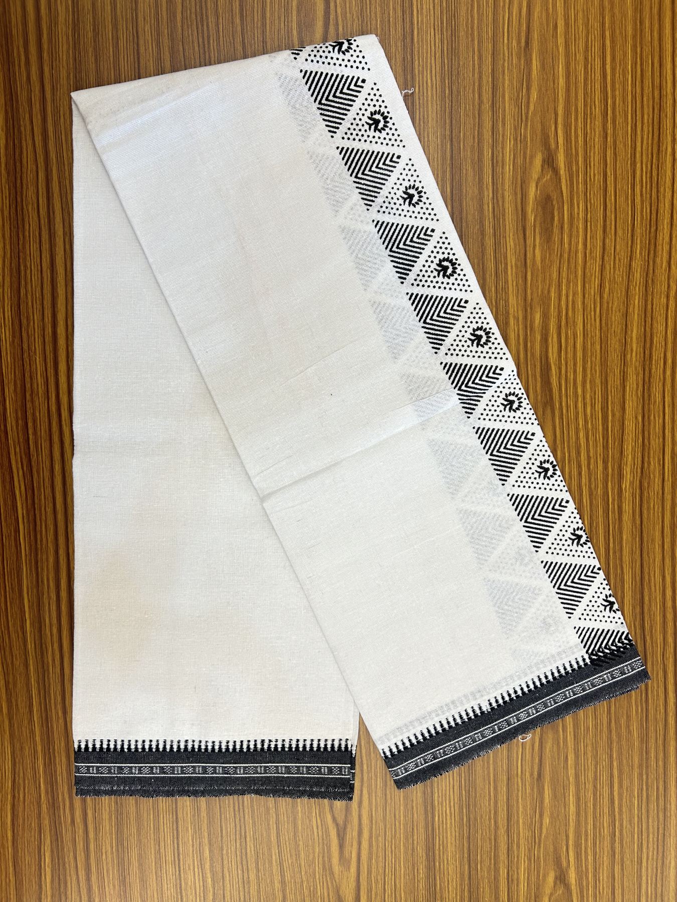 Kaitharikada - Polyster + Cotton - 40s twisted - Pure white Single Kaily / Lungi - 2 inch Black  Printed Kuppadam Border with White colour body (2 meter / 4 muzham) -  13 KK8041 GAN
