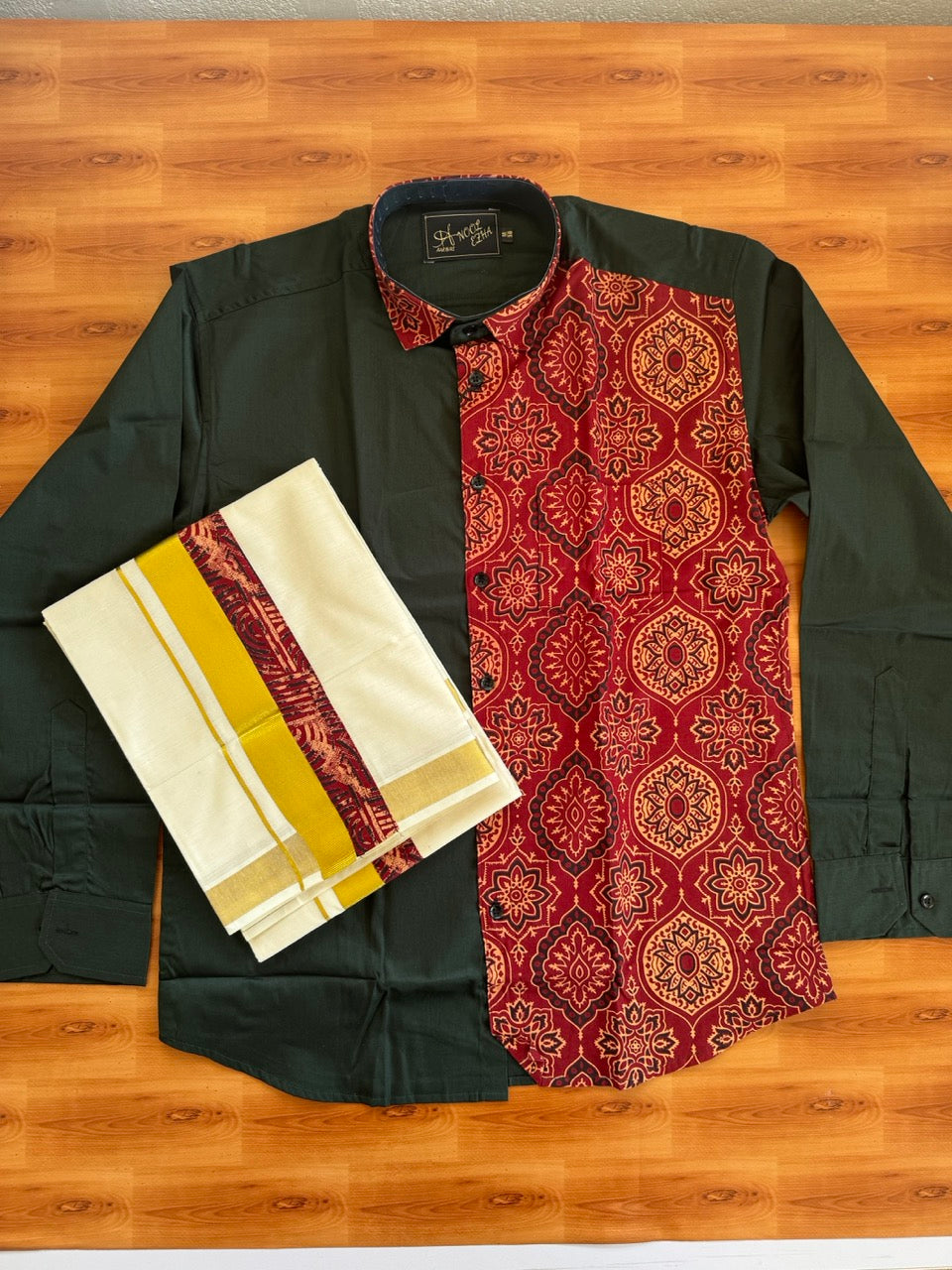 Combo Shirt Mund Mixed cotton - Full Sleeve - KaithariKada - Green & Ajrakh Printed Design - 1 KK7050 VIN