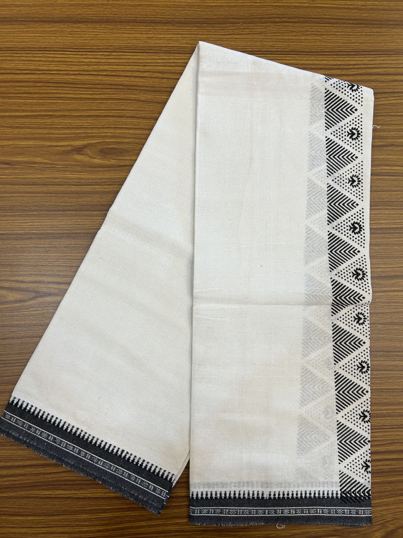 Kaitharikada - Polyster + Cotton - 40s twisted - Pure white Single Kaily / Lungi - 2 inch Black  Printed Kuppadam Border with White colour body (2 meter / 4 muzham) -  13 KK8041 GAN