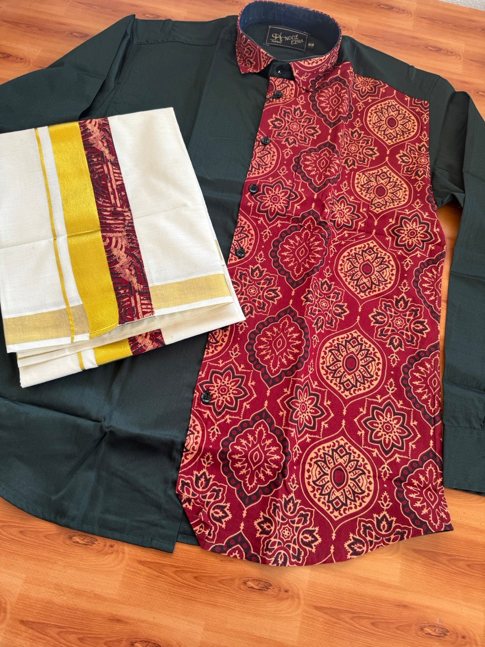 Combo Shirt Mund Mixed cotton - Full Sleeve - KaithariKada - Green & Ajrakh Printed Design - 1 KK7050 VIN