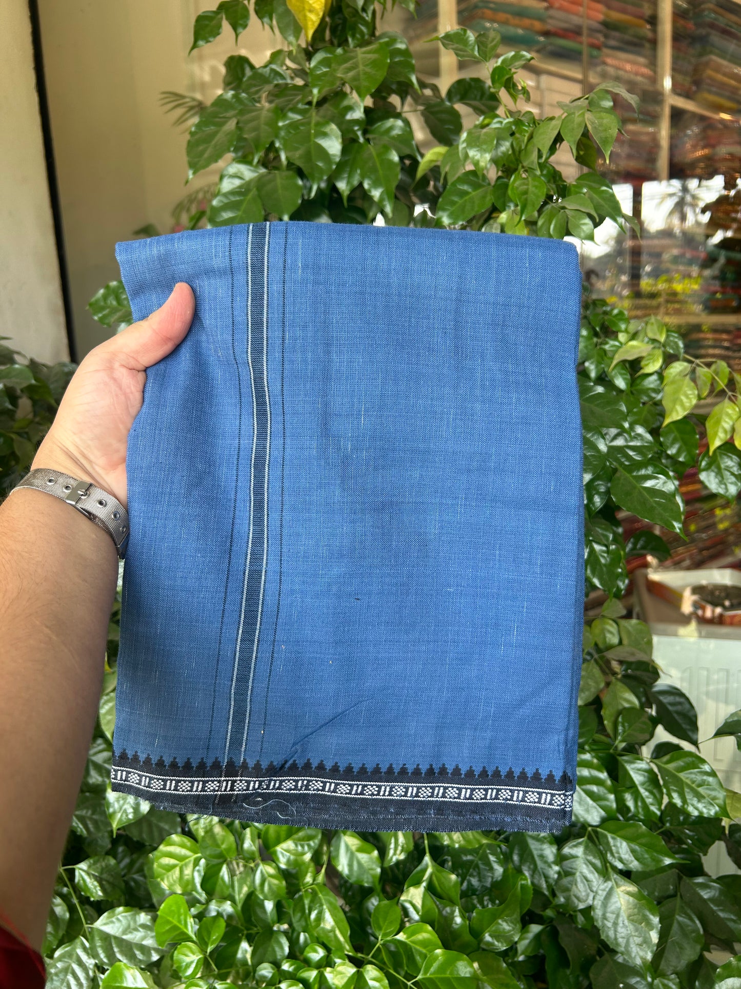 Premium Kathar Type Mund Pure cotton - Kaitharikada - Single Kaily / Lungi - 1 inch Black Stripes Kara kuppadam Border with Blue colour body (2 meter / 4 muzham) - 74 KK8050 MUT