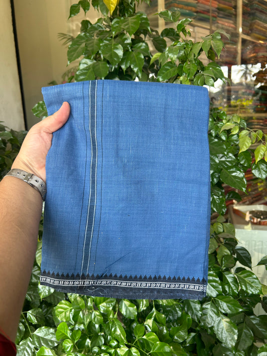 Premium Kathar Type Mund Pure cotton - Kaitharikada - Single Kaily / Lungi - 1 inch Black Stripes Kara kuppadam Border with Blue colour body (2 meter / 4 muzham) - 74 KK8050 MUT