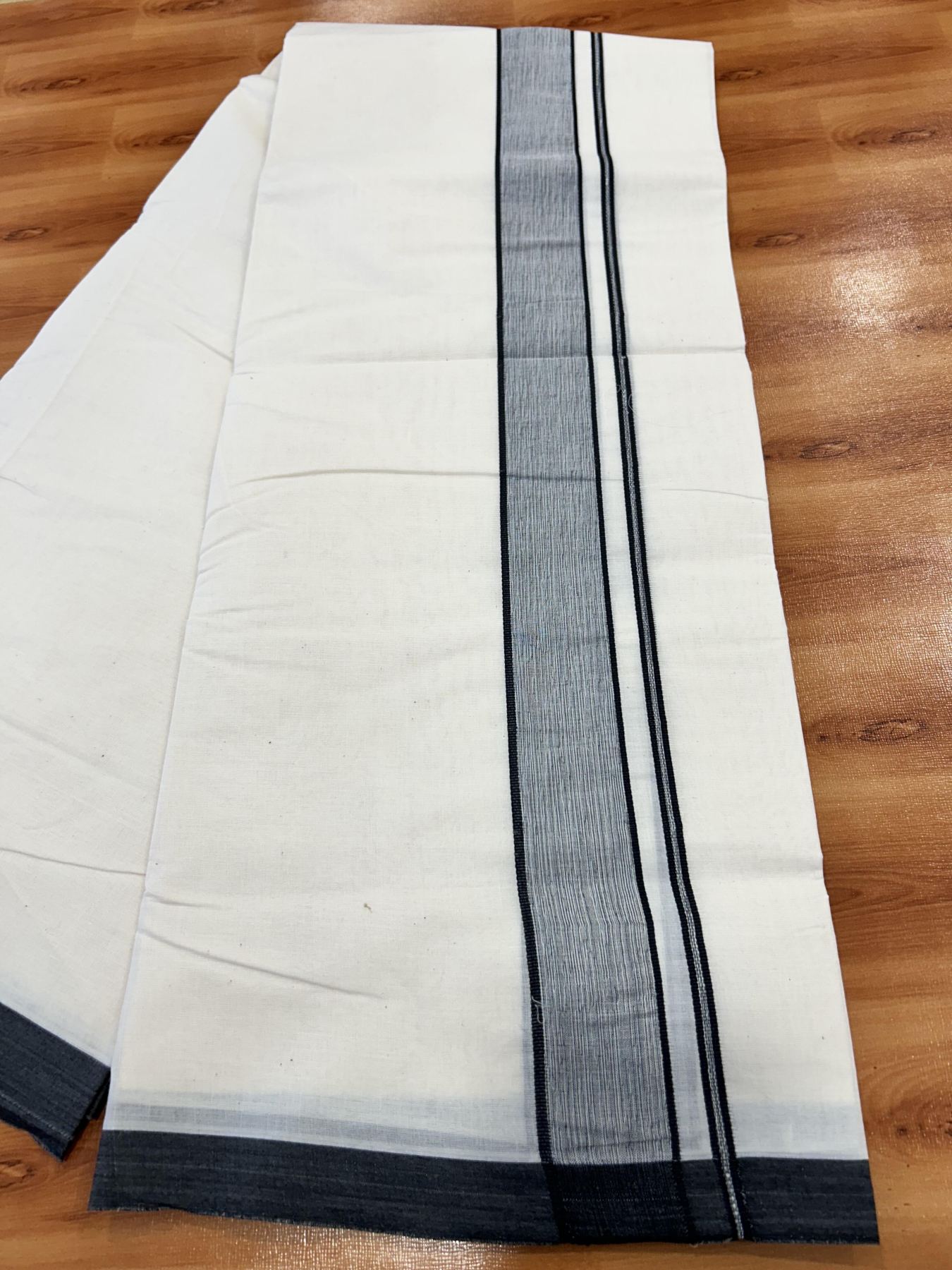 Double Off white Mundu/Dhoti - 20% Discount! KaithariKada Balaramapuram - 100% Cotton 100x100 - 2 inch Black Shaded Kara 4 mtr (8.5 muzham) - 20 KK5407 ASH