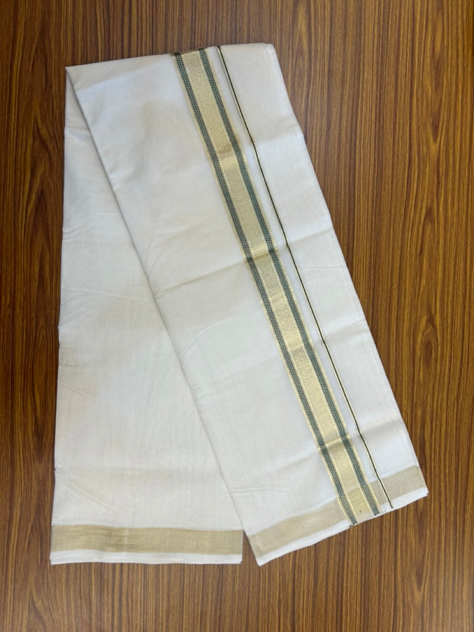 25% Discount!! KaithariKada Handloom Unakkupaav Balaramapuram - 100% Pure Cotton Off White Double - (Unbleached) Mundu/Dothi -80x90 - 2 Inch Gold Kasav & Green Stripes kara 4mtr (8.5 muzham) - 12 KK5267 ABH