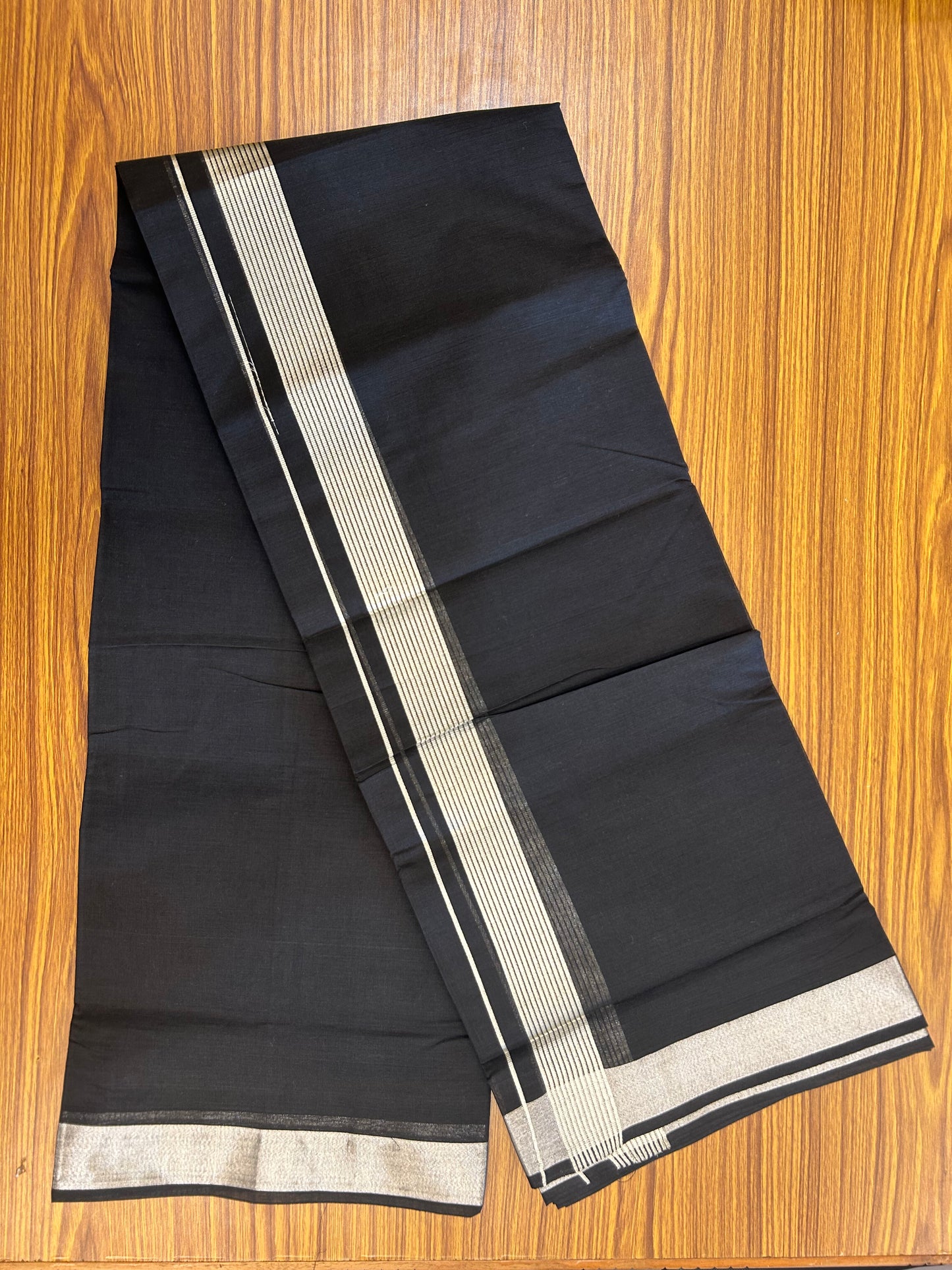 20% Discount !! KaithariKada Balaramapuram Double (Unbleached) Mundu/Dhoti - 80X90 - Black Colour Body - 1.5 inch Silver Kasav Kara 4 mtr (8.5 muzham) - 1 KK5343 PMC
