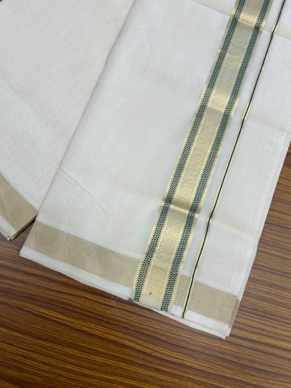 25% Discount!! KaithariKada Handloom Unakkupaav Balaramapuram - 100% Pure Cotton Off White Double - (Unbleached) Mundu/Dothi -80x90 - 2 Inch Gold Kasav & Green Stripes kara 4mtr (8.5 muzham) - 12 KK5267 ABH