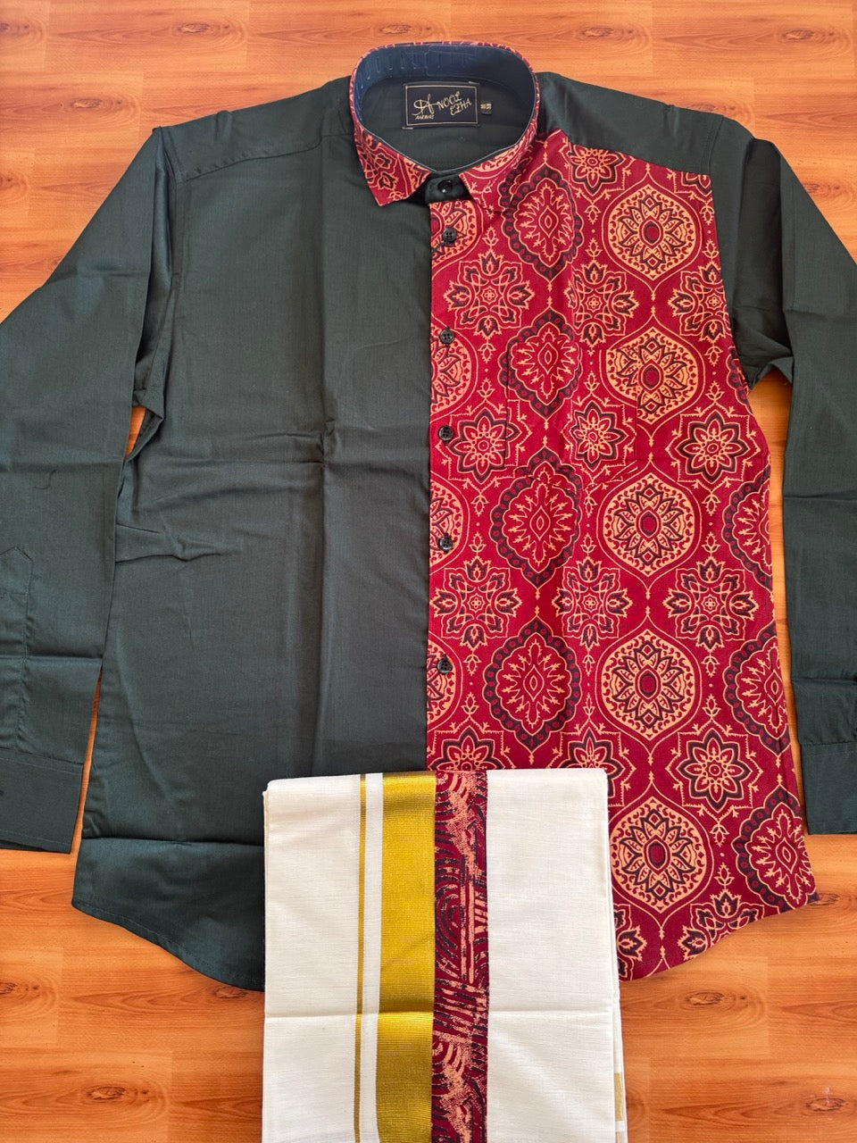 Combo Shirt Mund Mixed cotton - Full Sleeve - KaithariKada - Green & Ajrakh Printed Design - 1 KK7050 VIN