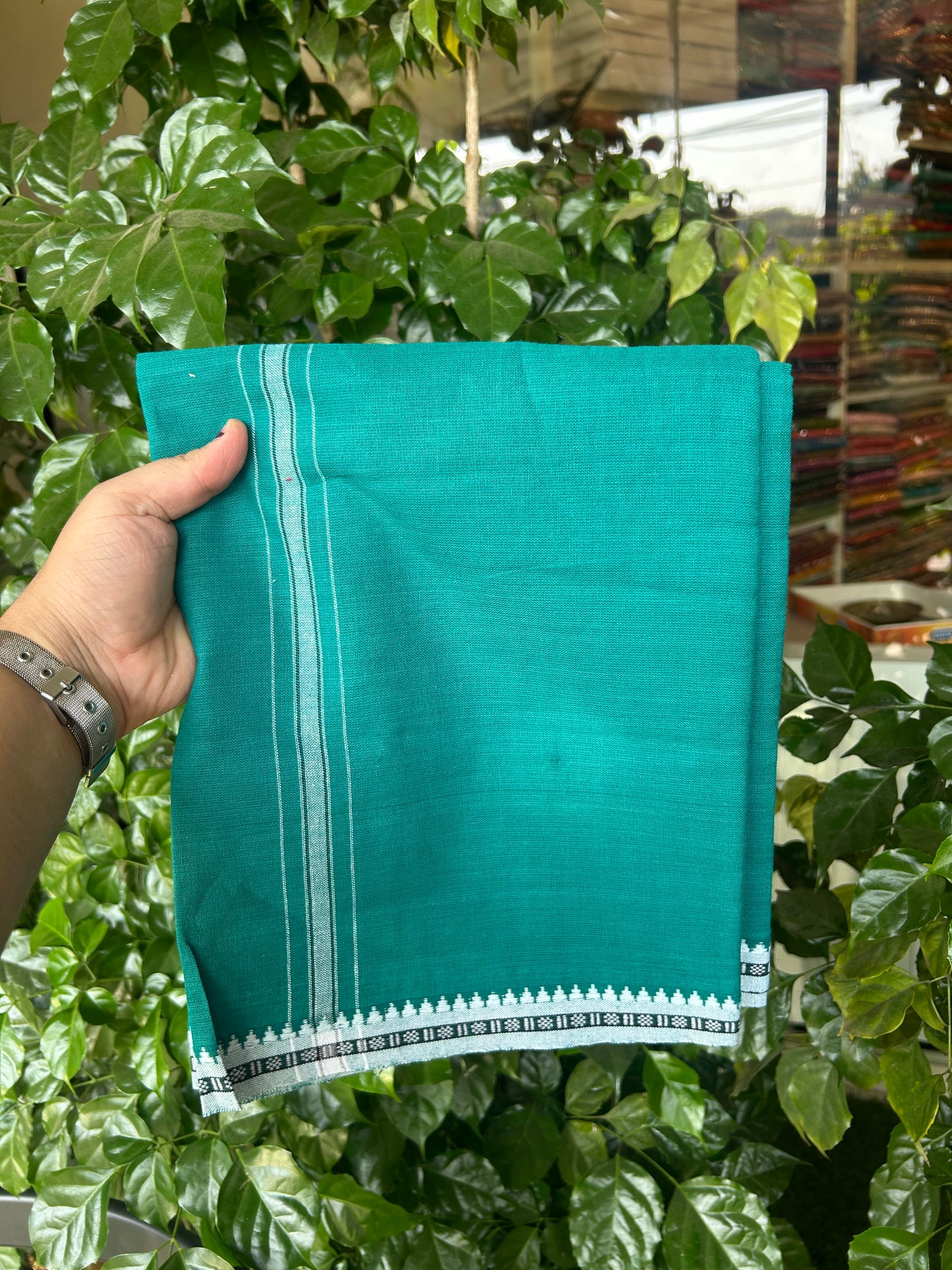 Premium Kathar Type Mund Pure cotton - Kaitharikada - Single Kaily / Lungi - 1 inch White Stripes Kara kuppadam Border with Green colour body (2 meter / 4 muzham) - 76 KK8050 MUT