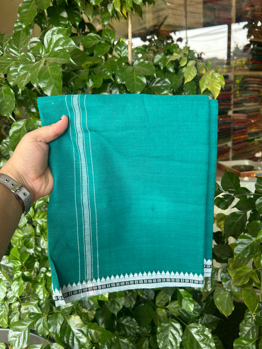 Premium Kathar Type Mund Pure cotton - Kaitharikada - Single Kaily / Lungi - 1 inch White Stripes Kara kuppadam Border with Green colour body (2 meter / 4 muzham) - 76 KK8050 MUT