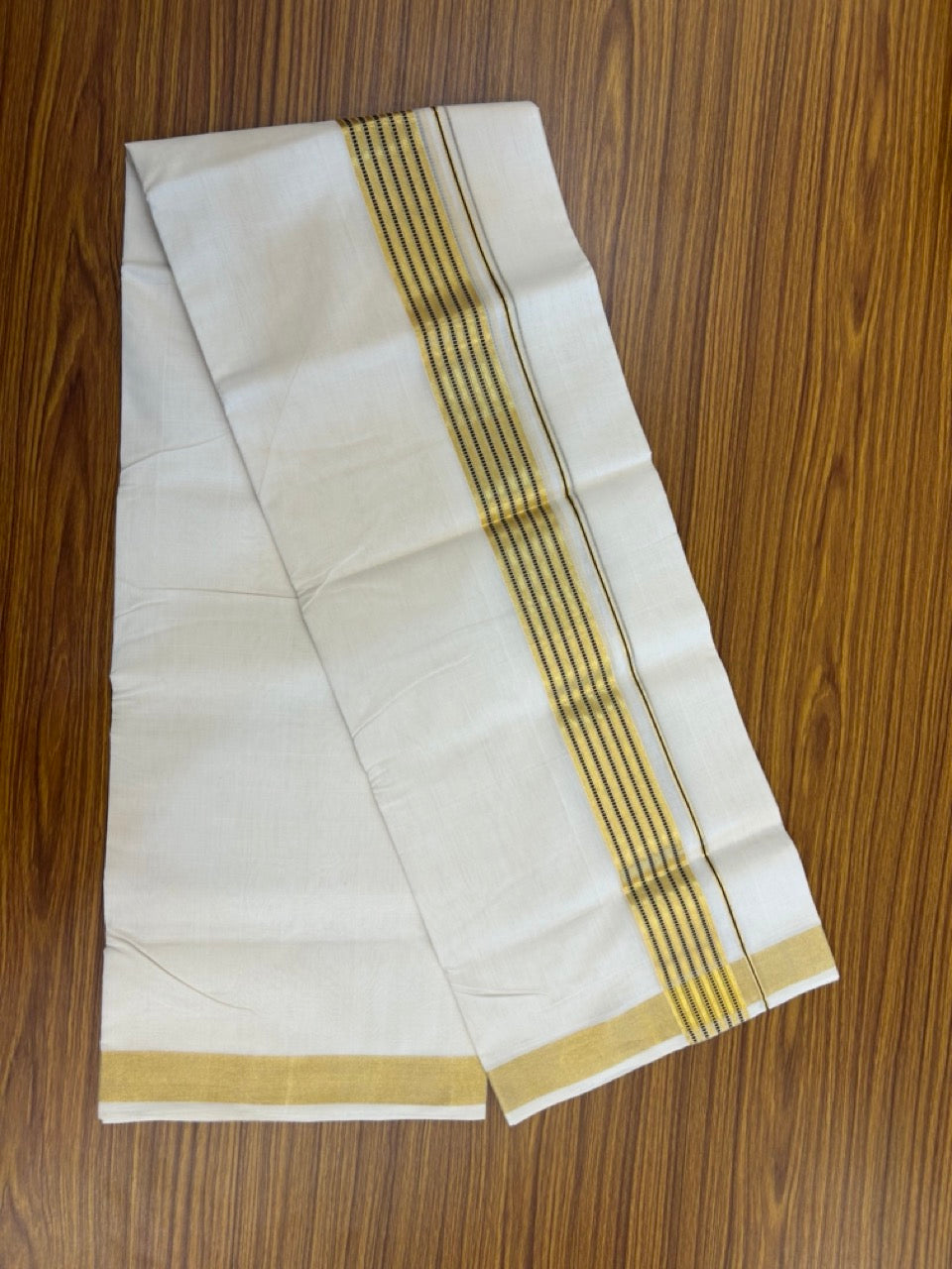 25% Discount!! KaithariKada Handloom Unakkupaav Balaramapuram - 100% Pure Cotton Off White Double - (Unbleached) Mundu/Dothi -80x90 - 1.75 Inch Gold Kasav & Black Stripes kara 4mtr (8.5 muzham) - 16 KK5267 ABH