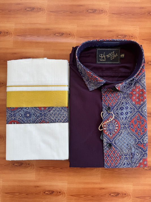 Combo Shirt Mund Mixed cotton - Full Sleeve - KaithariKada - Wine Purple & Ajrakh Printed Design - 2 KK7050 VIN