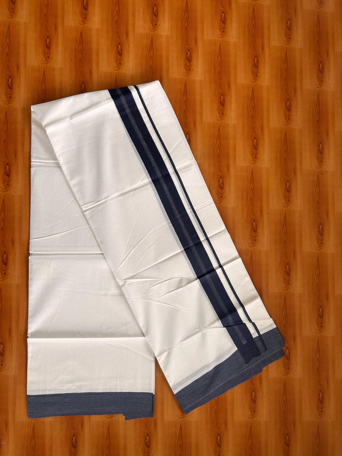 Pure White Double Mundu/Dhoti - 20% Discount ! Kaitharikada Pure Cotton - 100x80 - 1.25 inch Navy Blue striped Kara 3.80 mtr (8 muzham) - 59 KK5523 MC