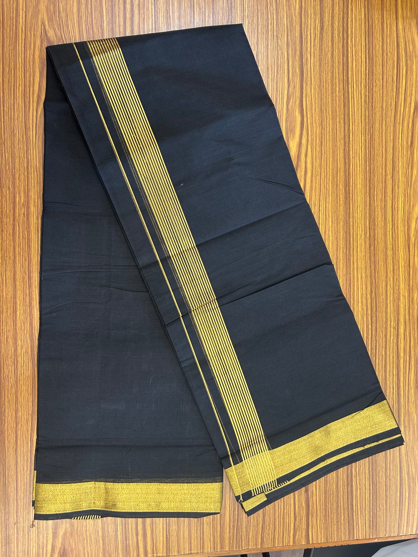 20% Discount !! KaithariKada Balaramapuram Double (Unbleached) Mundu/Dhoti - 80X90 - Black Colour Body - 1.5 inch Gold Kasav Striped Kara 4 mtr (8.5 muzham) - 2 KK5343 PMC