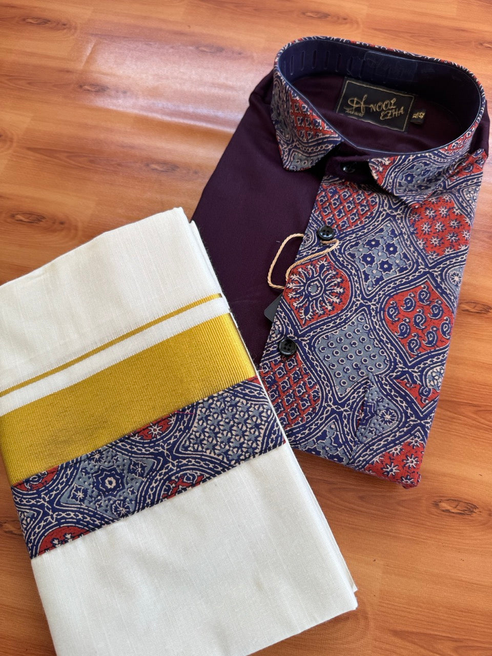 Combo Shirt Mund Mixed cotton - Full Sleeve - KaithariKada - Wine Purple & Ajrakh Printed Design - 2 KK7050 VIN
