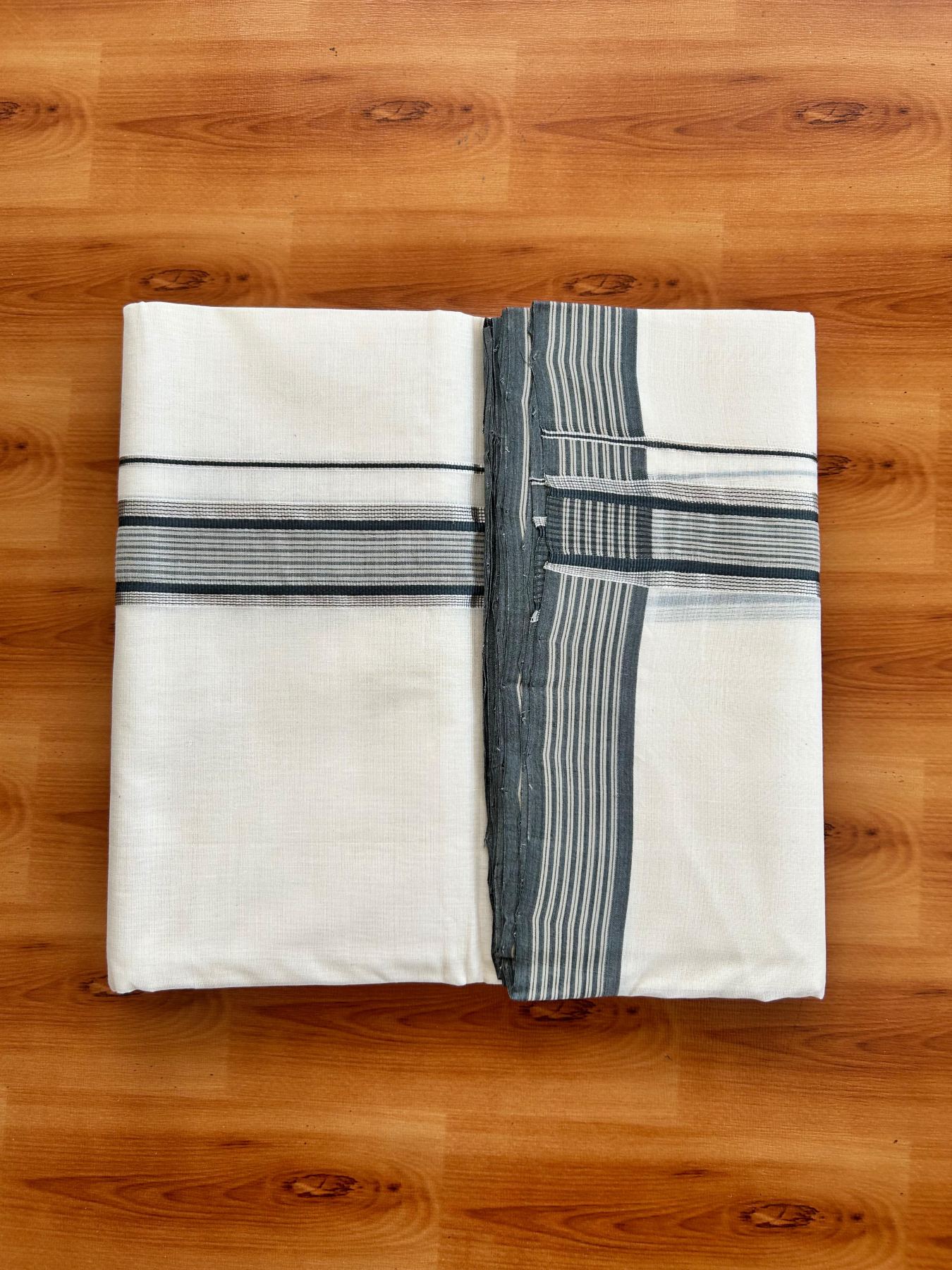 Double Off White (Unbleached) Mundu/Dhoti - 25% Discount!! KaithariKada Handloom Unakkupaav - Kerala Handloom - 100% Pure Cotton - 100x80 - 1.75 inch Silver Kasav Sand Brown & Ash Grey Stripes Kara 4.00 meter (8.5 muzham) - 15 KK5488 REA