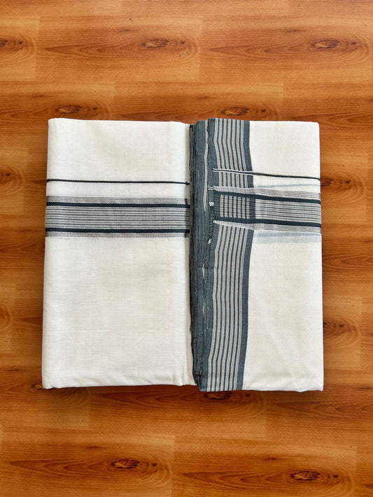 Double Off White (Unbleached) Mundu/Dhoti - 25% Discount!! KaithariKada Handloom Unakkupaav - Kerala Handloom - 100% Pure Cotton - 100x80 - 1.75 inch Silver Kasav Sand Brown & Ash Grey Stripes Kara 4.00 meter (8.5 muzham) - 15 KK5488 REA
