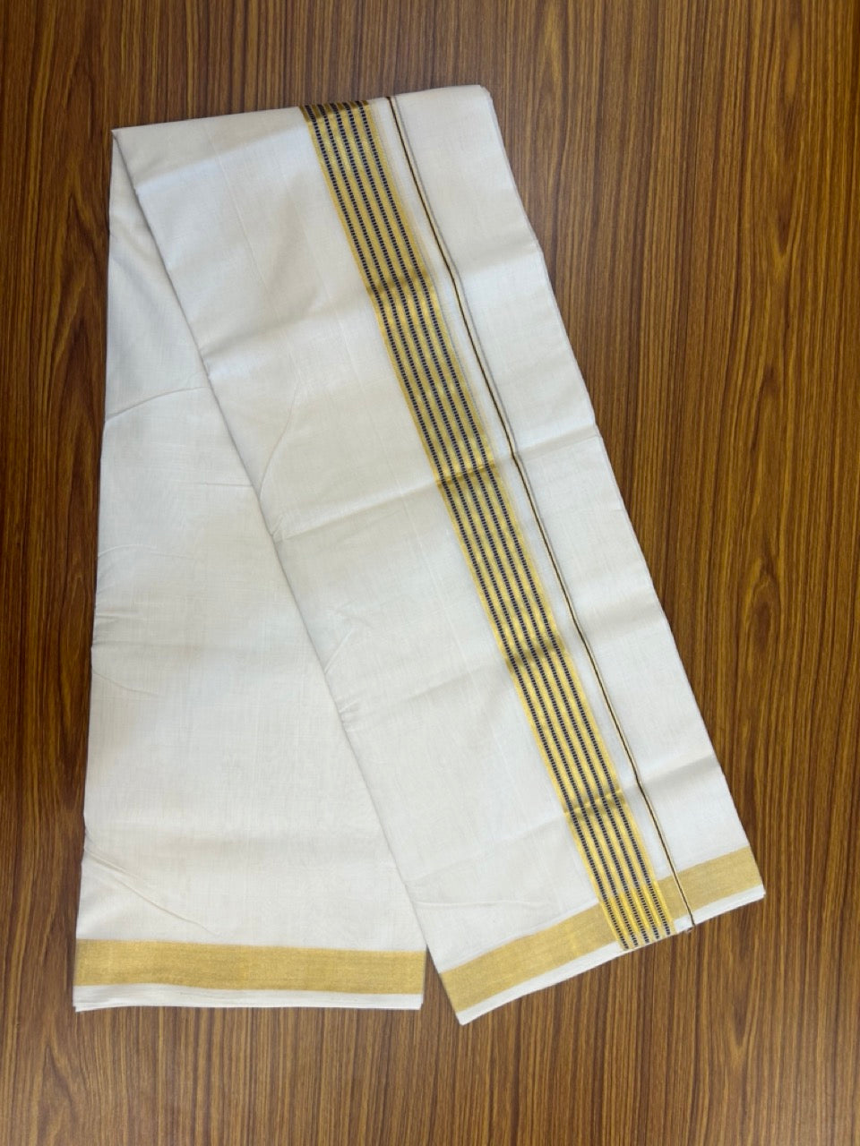 25% Discount!! KaithariKada Handloom Unakkupaav Balaramapuram - 100% Pure Cotton Off White Double - (Unbleached) Mundu/Dothi -80x90 - 1.75 Inch Gold Kasav & Navy Blue Stripes kara 4mtr (8.5 muzham) - 17 KK5267 ABH