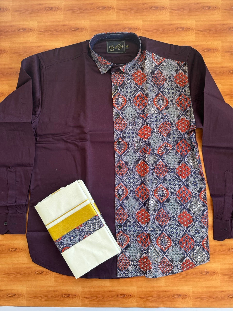 Combo Shirt Mund Mixed cotton - Full Sleeve - KaithariKada - Wine Purple & Ajrakh Printed Design - 2 KK7050 VIN