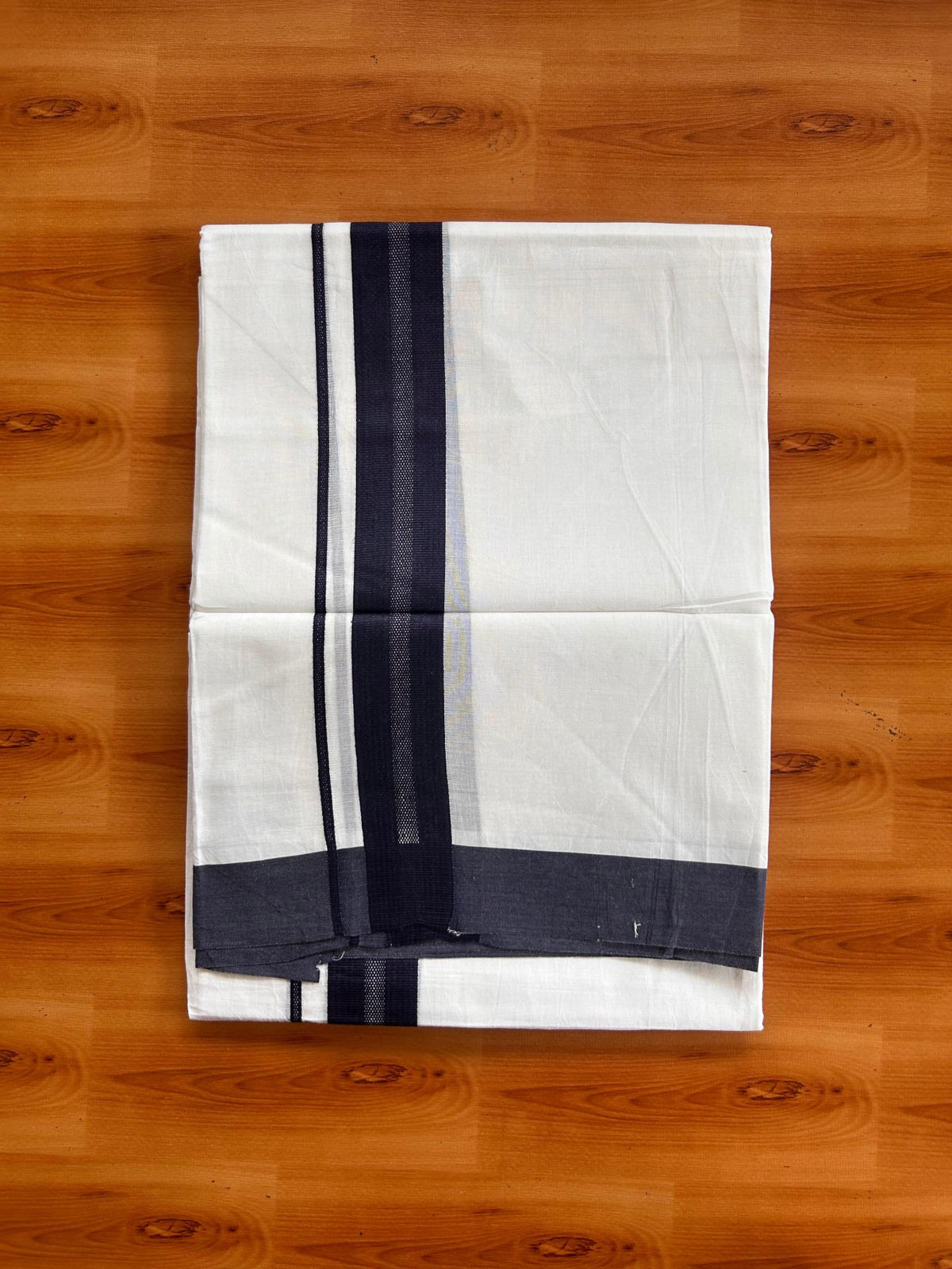 Pure White Double Mundu/Dhoti - 20% Discount ! Kaitharikada Pure Cotton - 100x80 - 1.25 inch Navy Blue striped Kara 3.80 mtr (8 muzham) - 59 KK5523 MC