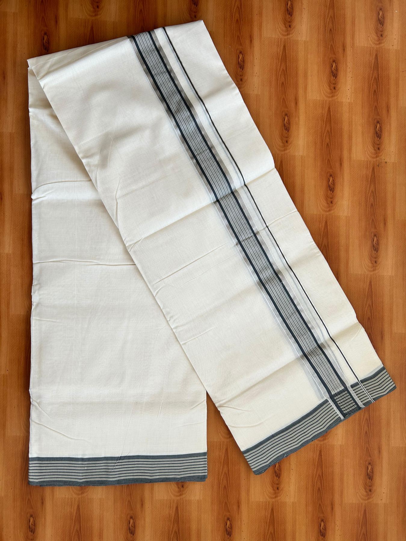 Double Off White (Unbleached) Mundu/Dhoti - 25% Discount!! KaithariKada Handloom Unakkupaav - Kerala Handloom - 100% Pure Cotton - 100x80 - 1.75 inch Silver Kasav Sand Brown & Ash Grey Stripes Kara 4.00 meter (8.5 muzham) - 15 KK5488 REA