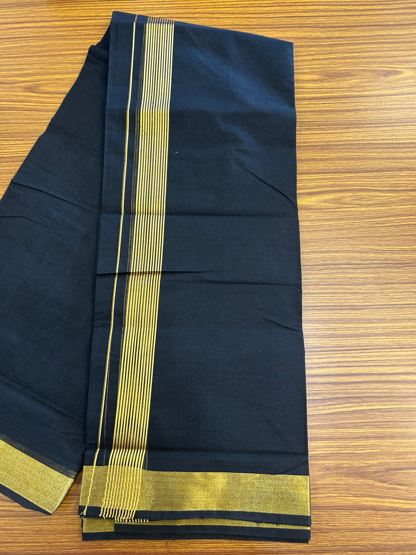 20% Discount !! KaithariKada Balaramapuram Double (Unbleached) Mundu/Dhoti - 80X90 - Black Colour Body - 1.5 inch Gold Kasav Striped Kara 4 mtr (8.5 muzham) - 2 KK5343 PMC