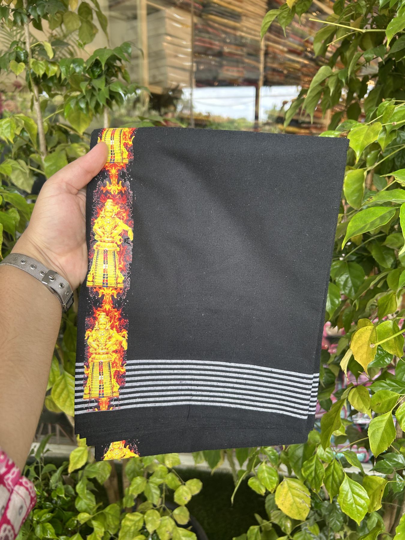 Kaitharikada - Polyster + Cotton - 40s twisted - Pure white Single Kaily / Lungi - 1.5 inch Ayyappan Printed Striped Border with Black colour body (2 meter / 4 muzham) -  19 KK8041 GAN