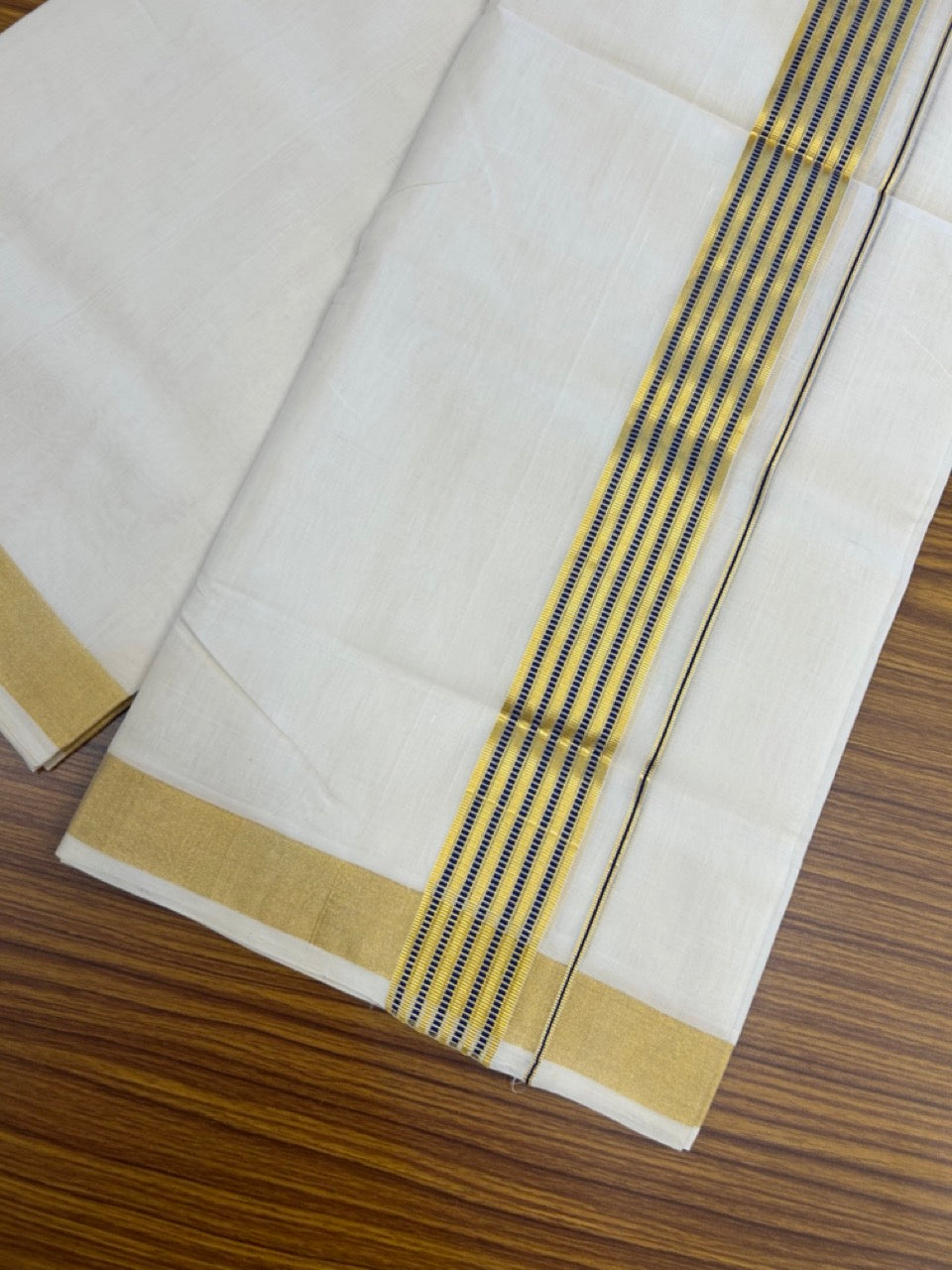 25% Discount!! KaithariKada Handloom Unakkupaav Balaramapuram - 100% Pure Cotton Off White Double - (Unbleached) Mundu/Dothi -80x90 - 1.75 Inch Gold Kasav & Navy Blue Stripes kara 4mtr (8.5 muzham) - 17 KK5267 ABH