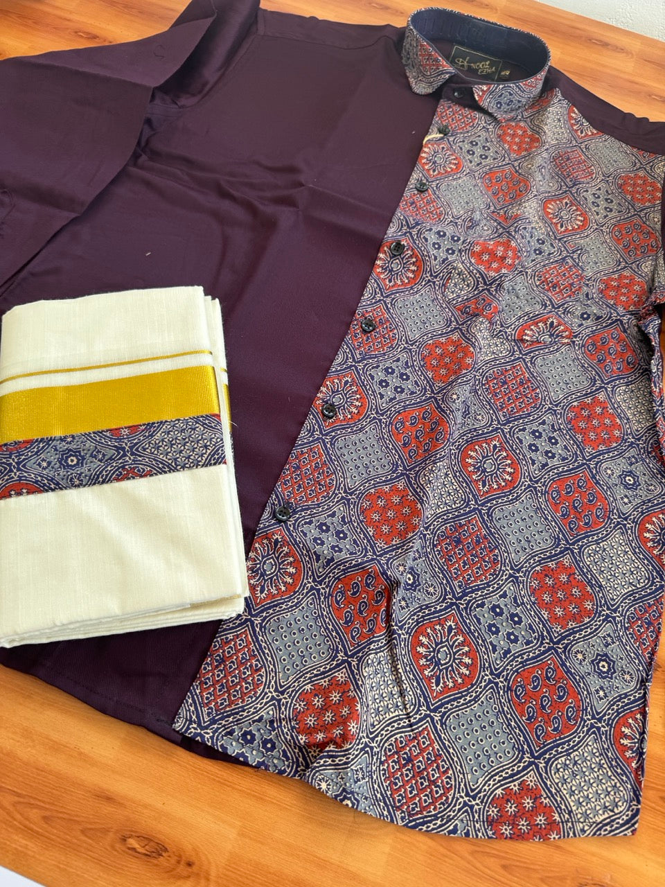 Combo Shirt Mund Mixed cotton - Full Sleeve - KaithariKada - Wine Purple & Ajrakh Printed Design - 2 KK7050 VIN
