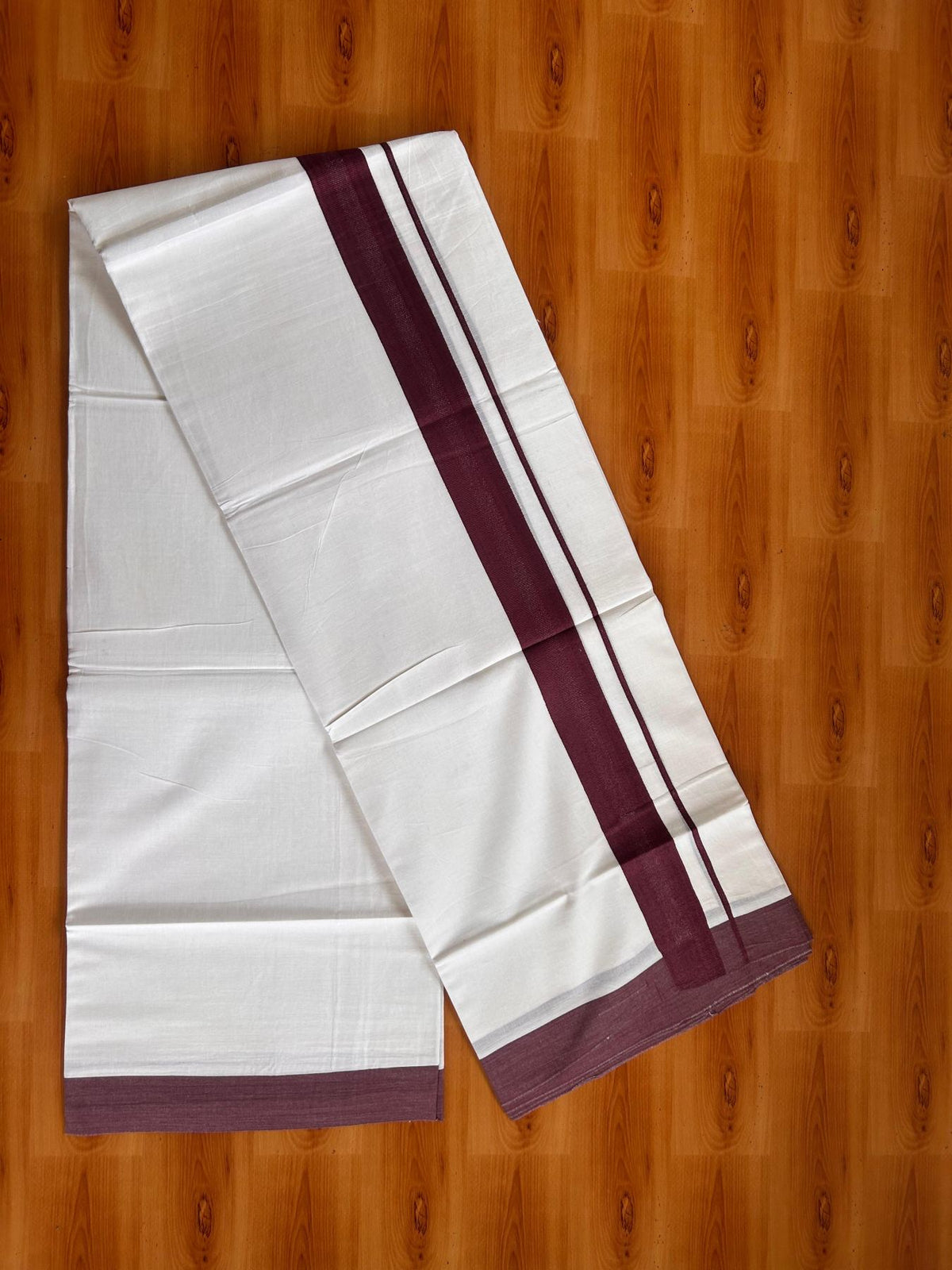 Pure White Double Mundu/Dhoti - 20% Discount ! Kaitharikada Pure Cotton - 100x80 - 1.25 inch Maroon Wine striped Kara 3.80 mtr (8 muzham) - 60 KK5523 MC