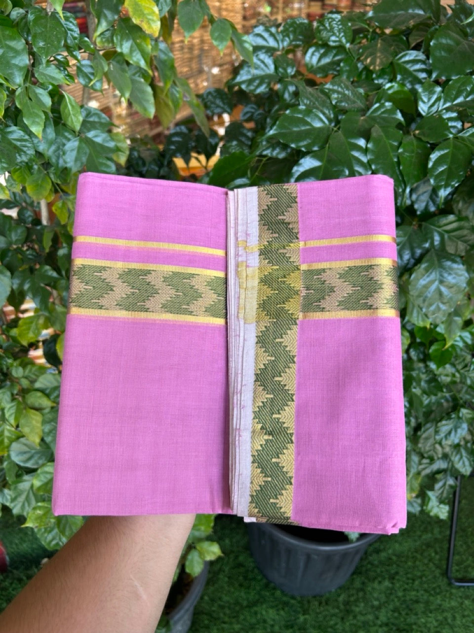 25% Discount! KaithariKada Handloom Unakkupaav Balaramapuram - 100% Cotton Double Mundu/Dhoti - Dark Onion Pink Colour Body - 1.75 inch Gold Kasav & Green Jacquard Design Kara - 4 KK5267 ABH