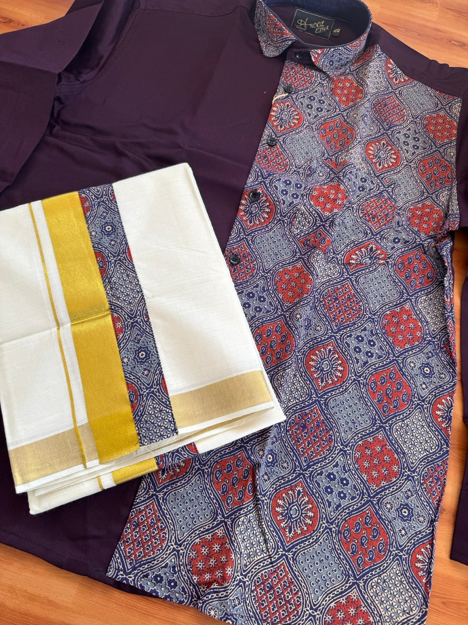 Combo Shirt Mund Mixed cotton - Full Sleeve - KaithariKada - Wine Purple & Ajrakh Printed Design - 2 KK7050 VIN