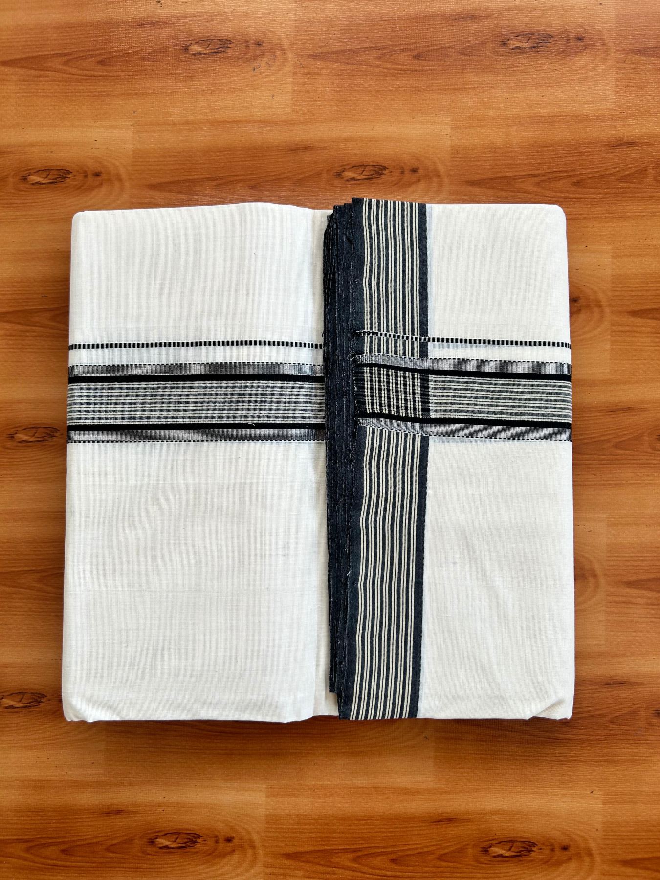 Double Off White (Unbleached) Mundu/Dhoti - 25% Discount!! KaithariKada Handloom Unakkupaav - Kerala Handloom - 100% Pure Cotton - 100x80 - 1.75 inch Silver Kasav Sand Brown & Black Stripes Kara 4.00 meter (8.5 muzham) - 16 KK5488 REA