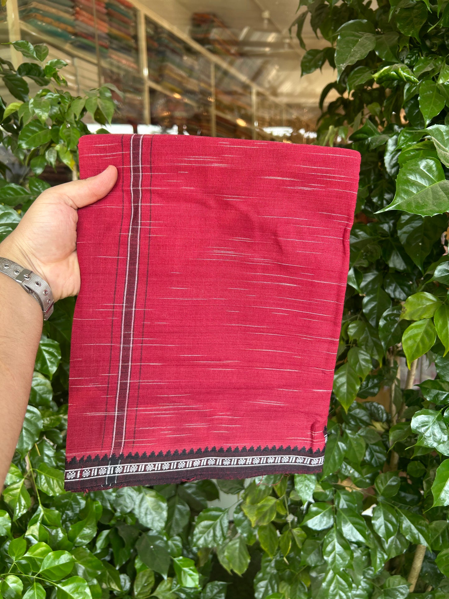 Premium Kathar Type Mund Pure cotton - Kaitharikada - Single Kaily / Lungi - 1 inch Black & White Stripes Kara kuppadam Border with Maroon colour body (2 meter / 4 muzham) - 20 KK8050 MUT