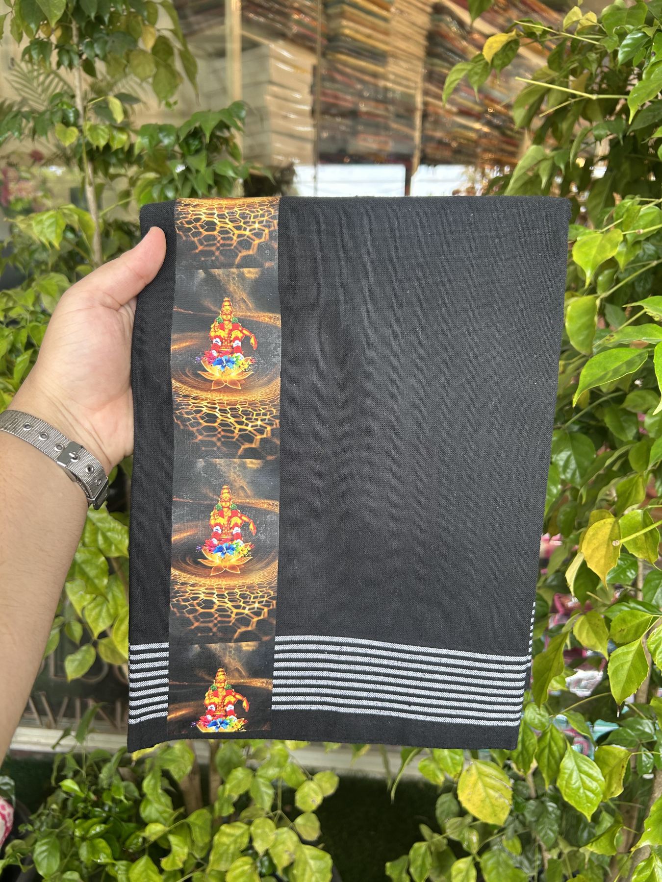 Kaitharikada - Polyster + Cotton - 40s twisted - Pure white Single Kaily / Lungi - 2.5 inch Ayyappan Printed Striped Border with Black colour body (2 meter / 4 muzham) -  17 KK8041 GAN