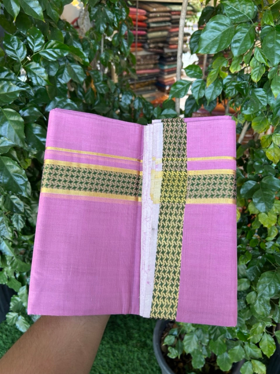 25% Discount! KaithariKada Handloom Unakkupaav Balaramapuram - 100% Cotton Double Mundu/Dhoti - Dark Onion Pink Colour Body - 1.75 inch Gold Kasav & Green Jacquard Design Kara - 7 KK5267 ABH