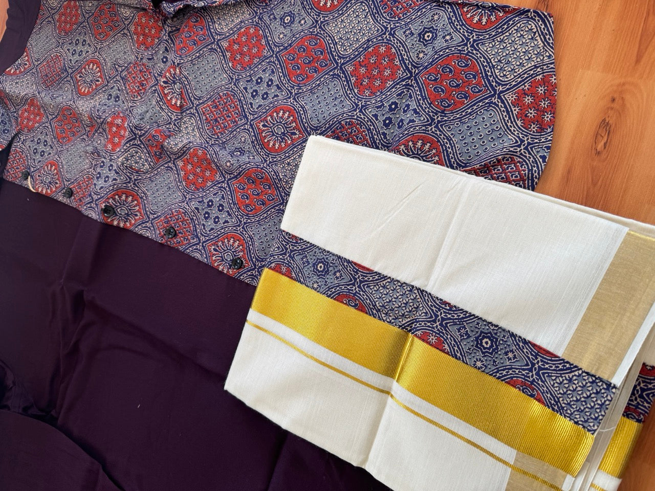 Combo Shirt Mund Mixed cotton - Full Sleeve - KaithariKada - Wine Purple & Ajrakh Printed Design - 2 KK7050 VIN