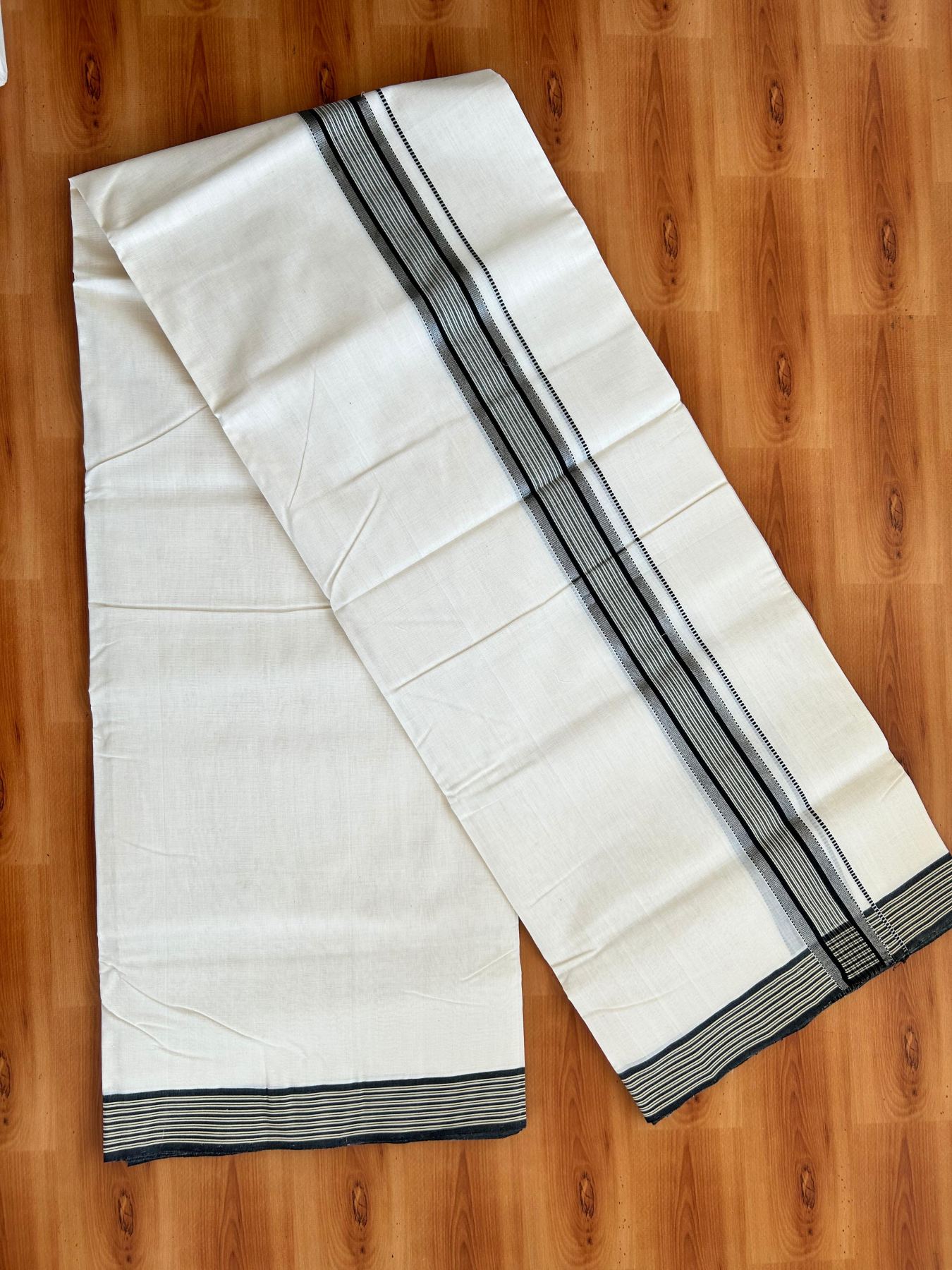 Double Off White (Unbleached) Mundu/Dhoti - 25% Discount!! KaithariKada Handloom Unakkupaav - Kerala Handloom - 100% Pure Cotton - 100x80 - 1.75 inch Silver Kasav Sand Brown & Black Stripes Kara 4.00 meter (8.5 muzham) - 16 KK5488 REA
