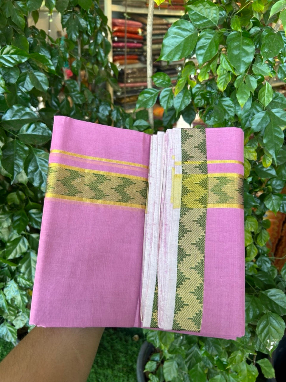 25% Discount! KaithariKada Handloom Unakkupaav Balaramapuram - 100% Cotton Double Mundu/Dhoti - Dark Onion Pink Colour Body - 1.75 inch Gold Kasav & Green Jacquard Design Kara - 8 KK5267 ABH