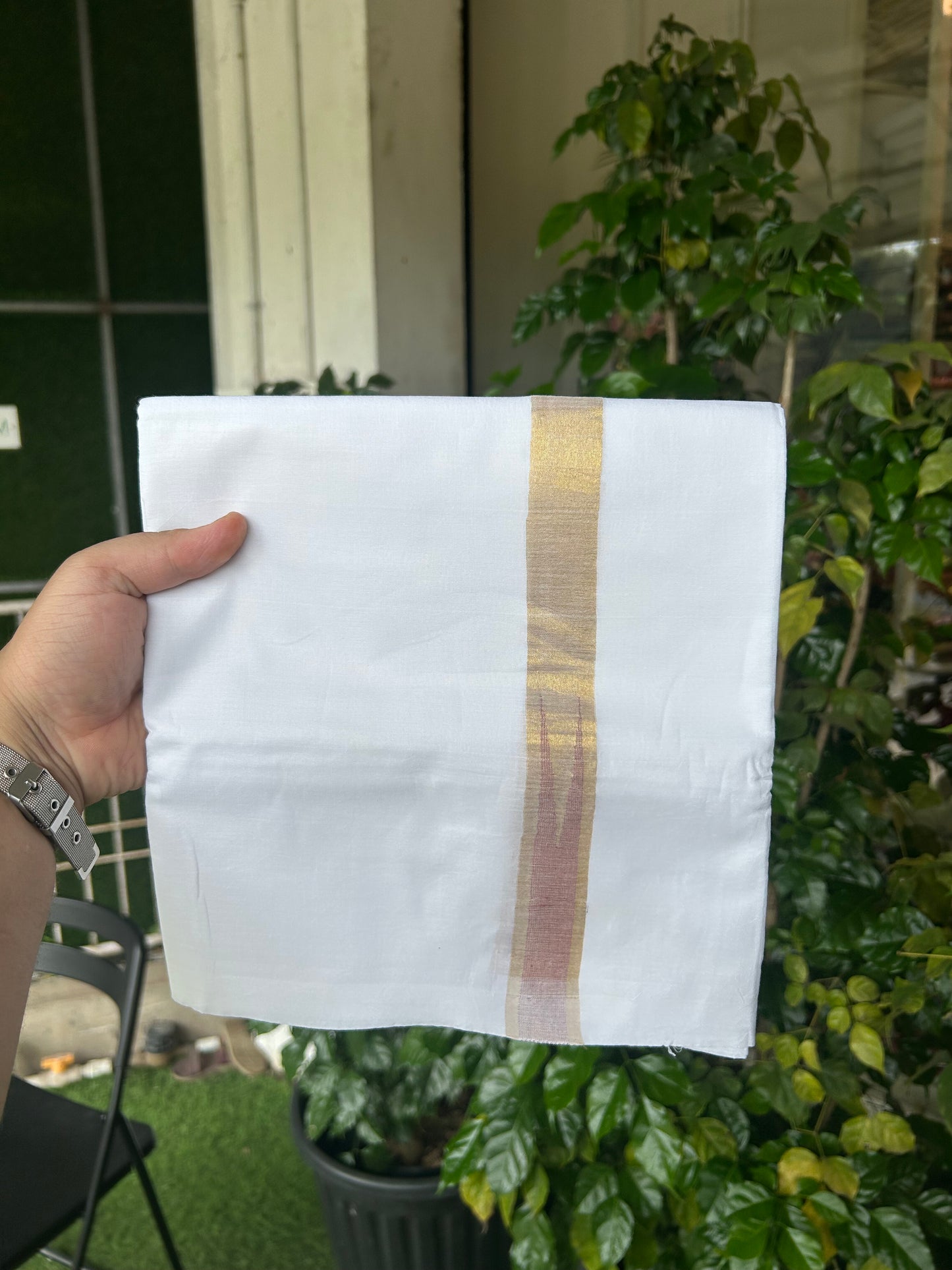 20% Discount ! Kaitharikada Balaramapuram 100% Cotton Pure White Double Mundu/Dothi - 100x80 - 1 inch Puliyilakkara Gold Kasav & Peach Brown Chutty Kara  3.90 mtr (8 muzham) - 2 KK5344 VAS