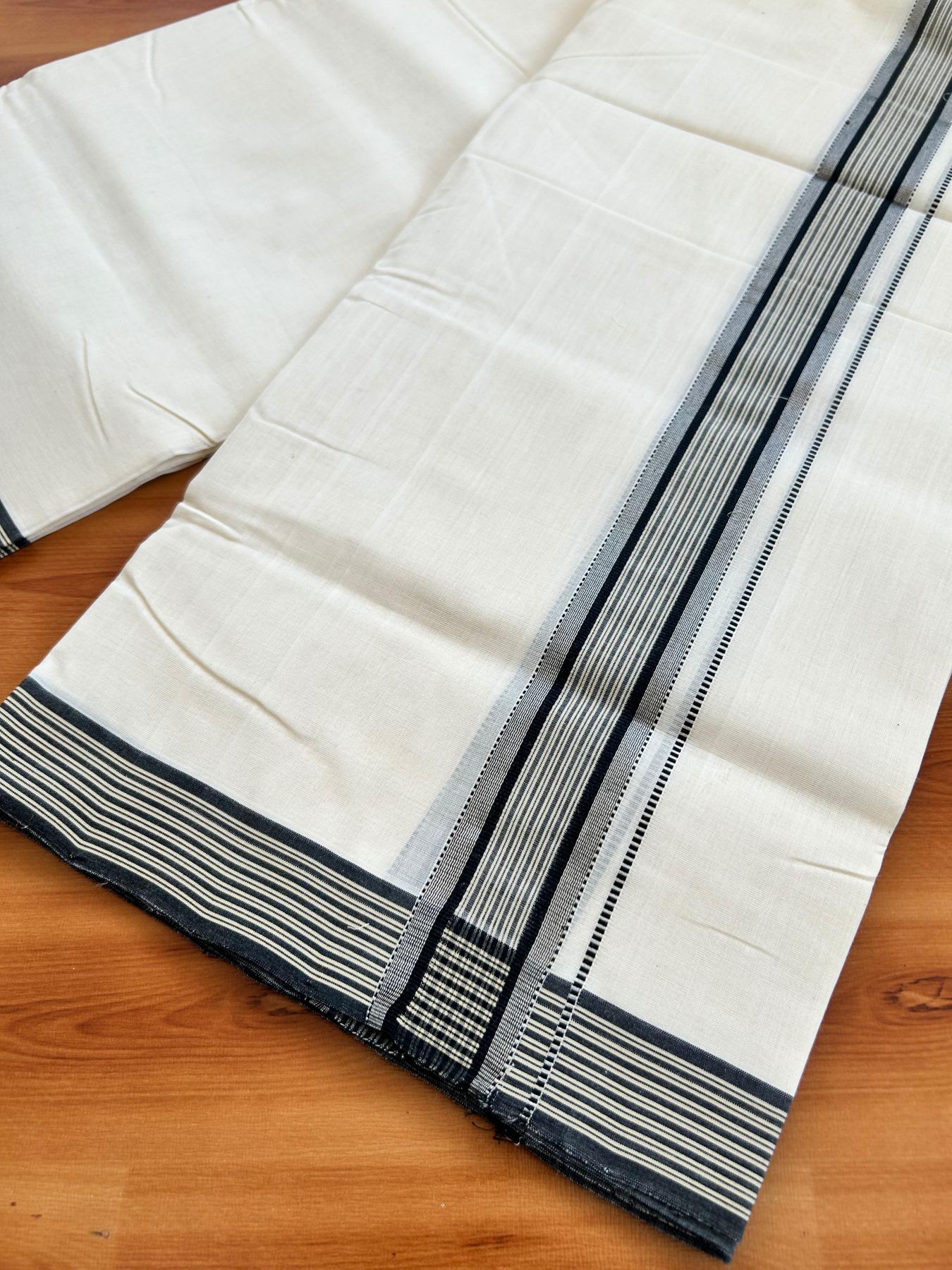 Double Off White (Unbleached) Mundu/Dhoti - 25% Discount!! KaithariKada Handloom Unakkupaav - Kerala Handloom - 100% Pure Cotton - 100x80 - 1.75 inch Silver Kasav Sand Brown & Black Stripes Kara 4.00 meter (8.5 muzham) - 16 KK5488 REA