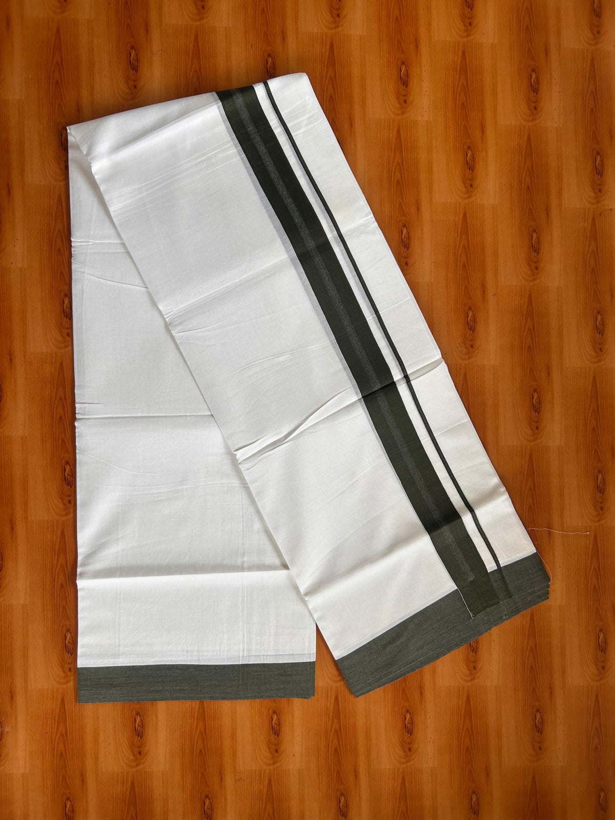 Pure White Double Mundu/Dhoti - 20% Discount ! Kaitharikada Pure Cotton - 100x80 - 1.25 inch Army Green striped Kara 3.80 mtr (8 muzham) - 61 KK5523 MC