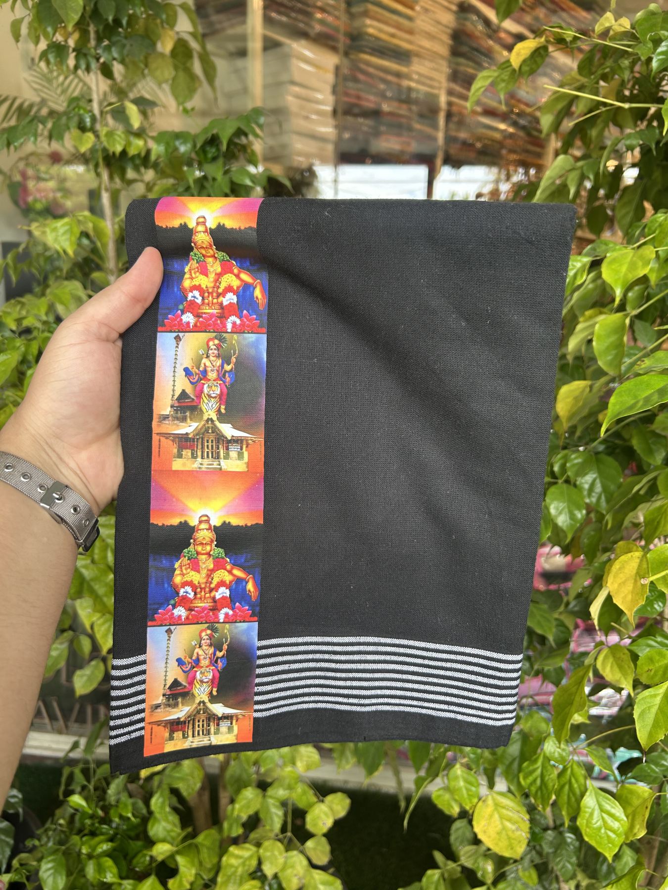 Kaitharikada - Polyster + Cotton - 40s twisted - Pure white Single Kaily / Lungi - 2.25 inch Ayyappan Printed Striped Border with Black colour body (2 meter / 4 muzham) -  15 KK8041 GAN