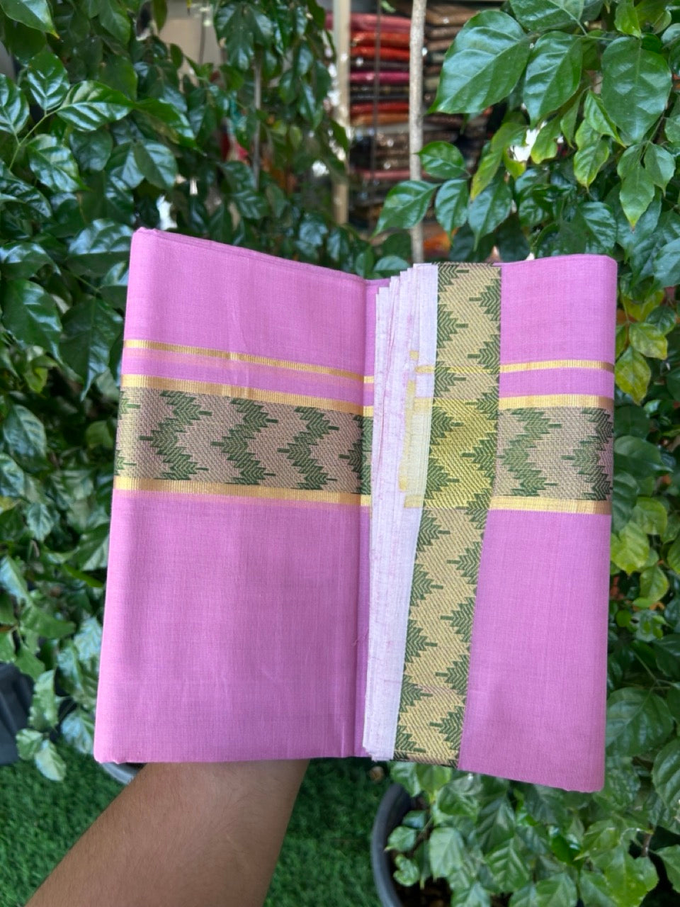 25% Discount! KaithariKada Handloom Unakkupaav Balaramapuram - 100% Cotton Double Mundu/Dhoti - Dark Onion Pink Colour Body - 2.25 inch Gold Kasav & Green Jacquard Design Kara - 6 KK5267 ABH