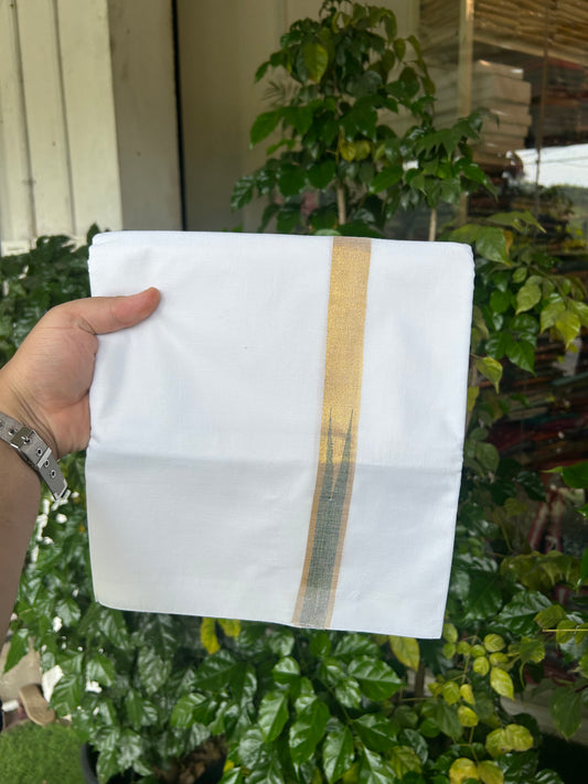 20% Discount ! Kaitharikada Balaramapuram 100% Cotton Pure White Double Mundu/Dothi - 100x80 - 1 inch Puliyilakkara Gold Kasav & Green Chutty Kara  3.90 mtr (8 muzham) - 1 KK5344 VAS