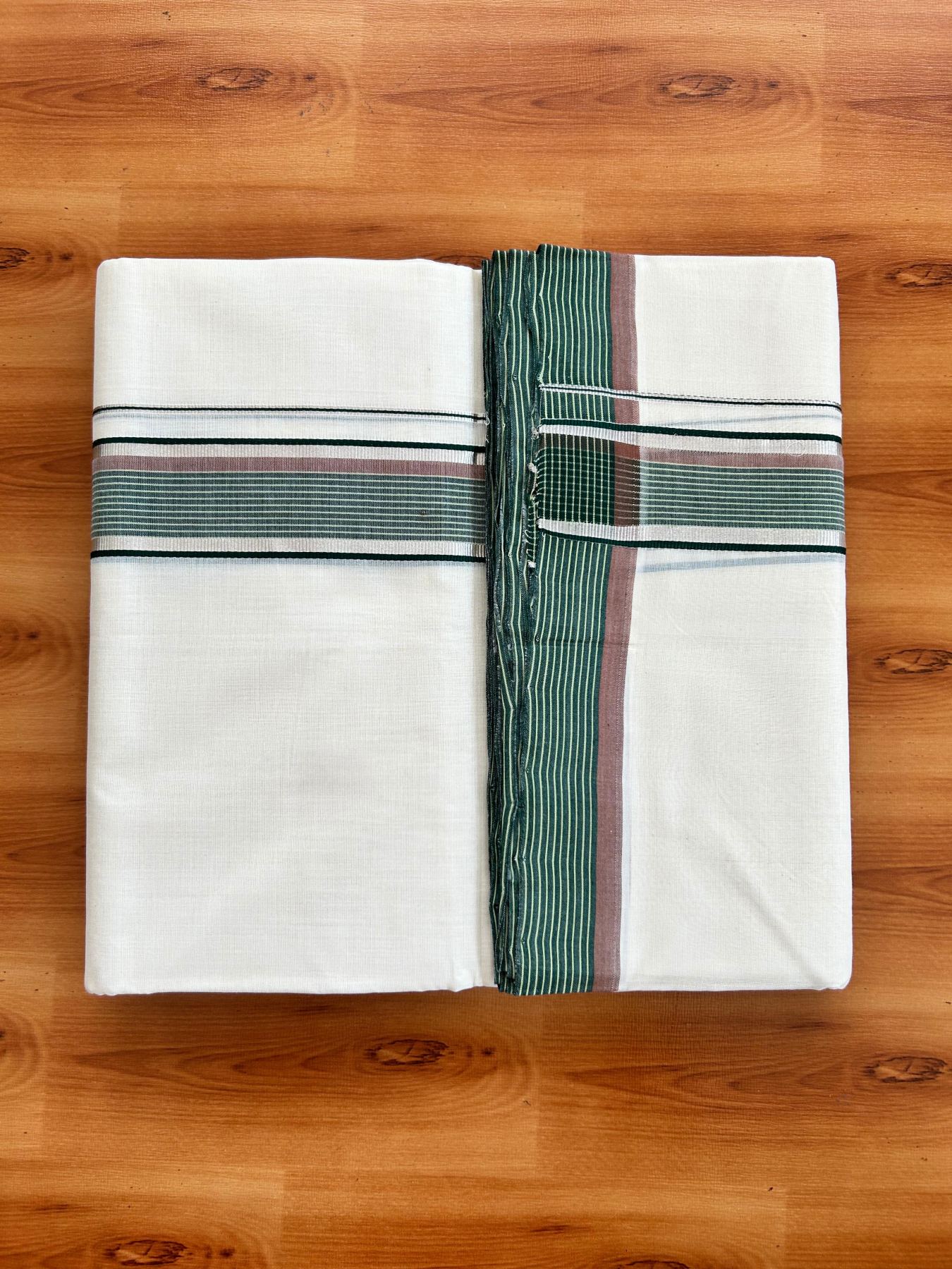 Double Off White (Unbleached) Mundu/Dhoti - 25% Discount!! KaithariKada Handloom Unakkupaav - Kerala Handloom - 100% Pure Cotton - 100x80 - 1.75 inch Silver Kasav Green & Dusty Brown Stripes Kara 4.00 meter (8.5 muzham) - 14 KK5488 REA