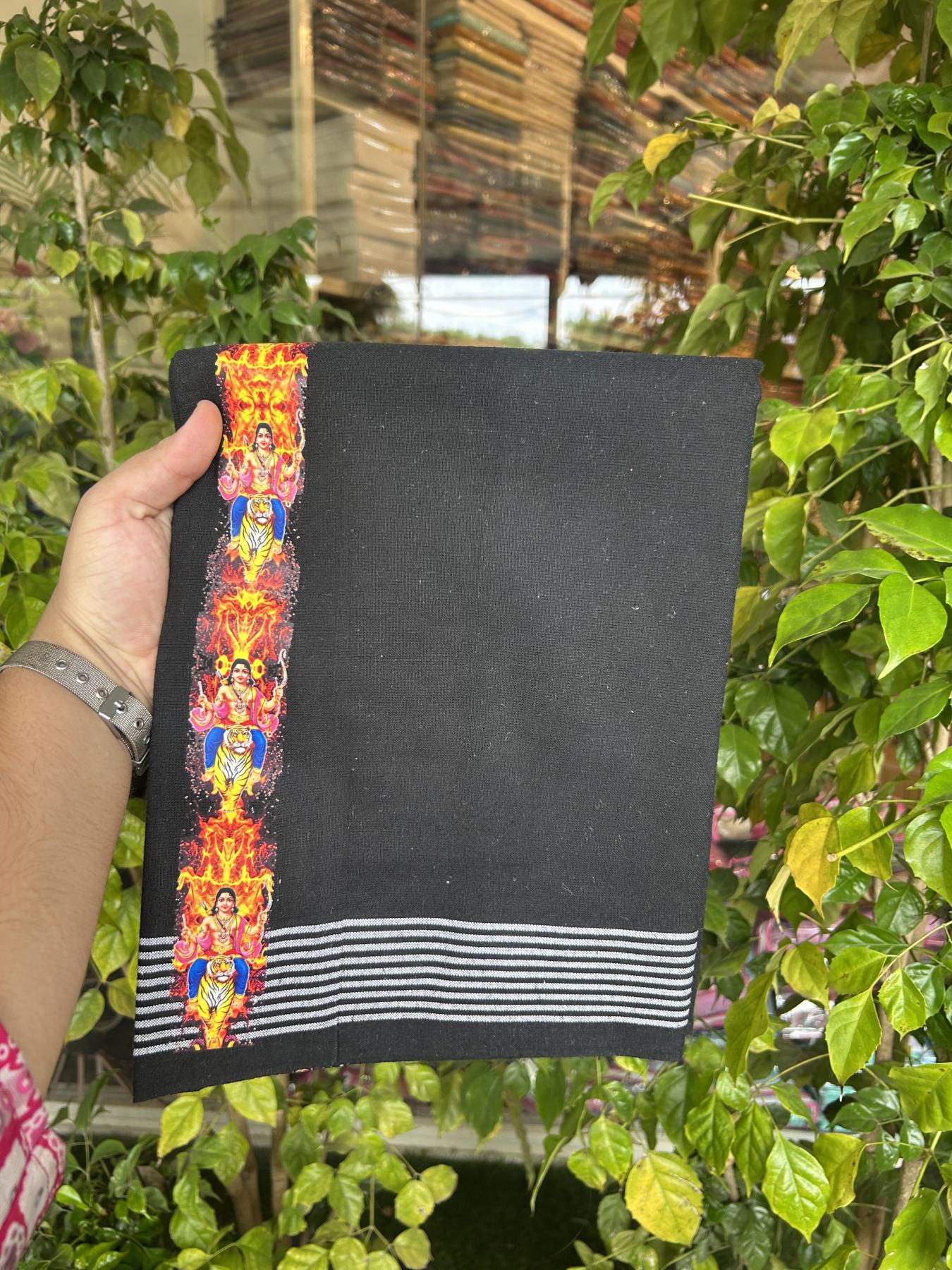 Kaitharikada - Polyster + Cotton - 40s twisted - Pure white Single Kaily / Lungi - 1.5 inch Ayyappan Printed Striped Border with Black colour body (2 meter / 4 muzham) -  14 KK8041 GAN