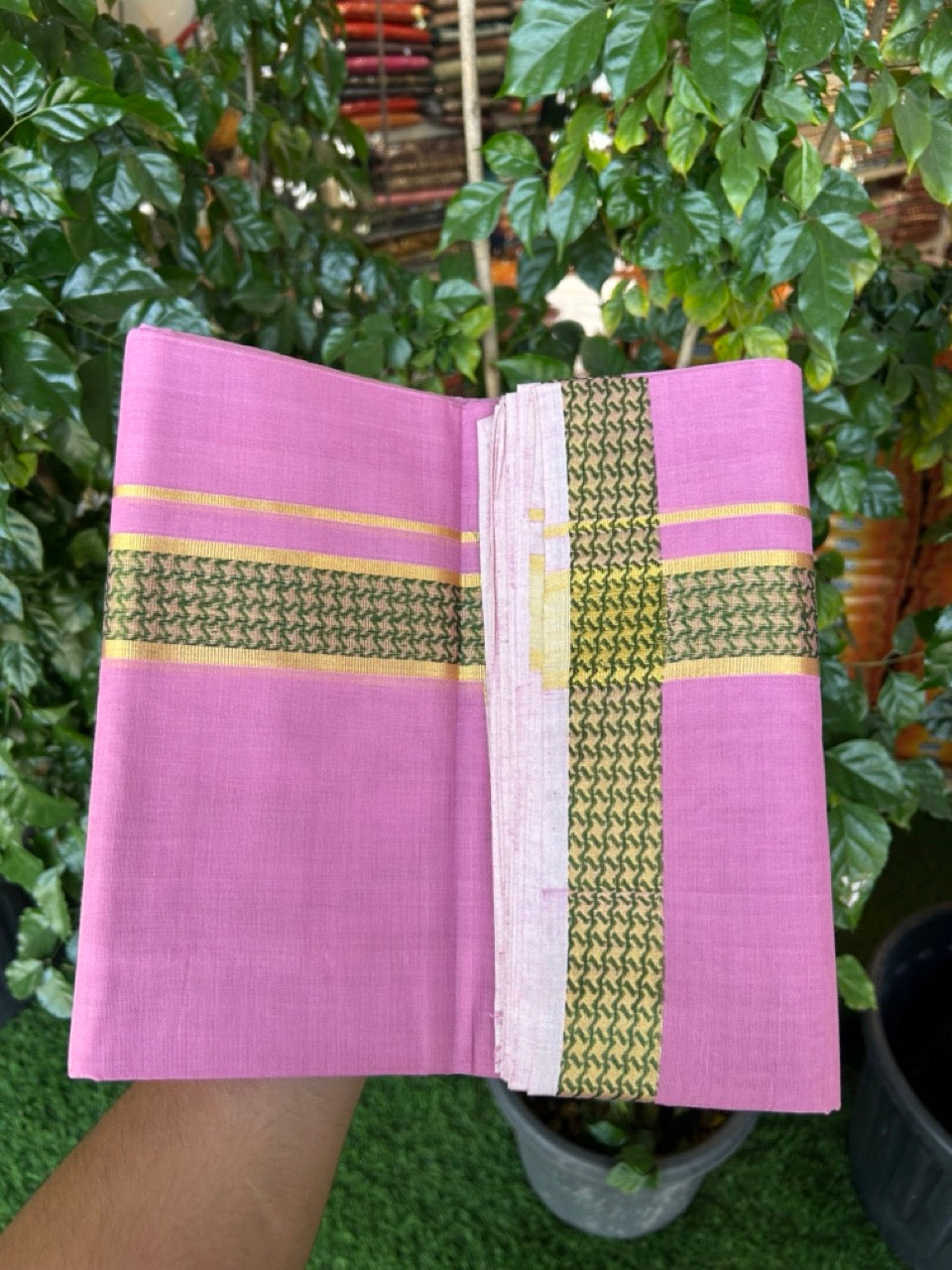 25% Discount! KaithariKada Handloom Unakkupaav Balaramapuram - 100% Cotton Double Mundu/Dhoti - Dark Onion Pink Colour Body - 1.75 inch Gold Kasav & Green Jacquard Design Kara - 9 KK5267 ABH