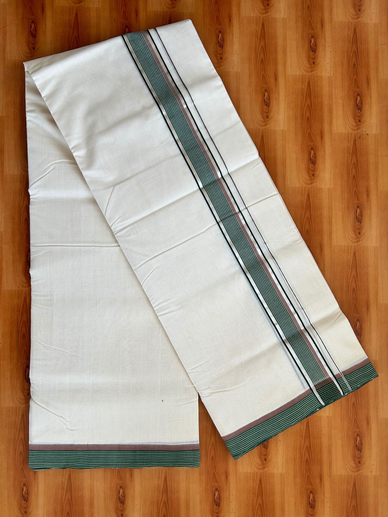Double Off White (Unbleached) Mundu/Dhoti - 25% Discount!! KaithariKada Handloom Unakkupaav - Kerala Handloom - 100% Pure Cotton - 100x80 - 1.75 inch Silver Kasav Green & Dusty Brown Stripes Kara 4.00 meter (8.5 muzham) - 14 KK5488 REA
